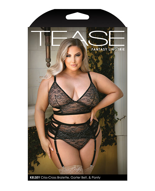 Tease Kelsey Criss Cross Metallic Lace Bralette, Garterbelt & Panty